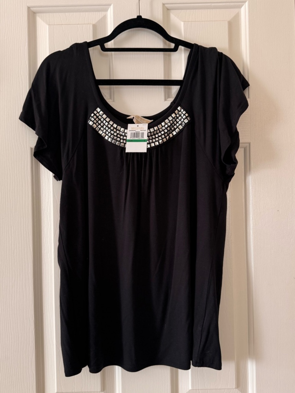 MICHAEL Michael Kors Black Top with Silver Studded Neckline size L NWT